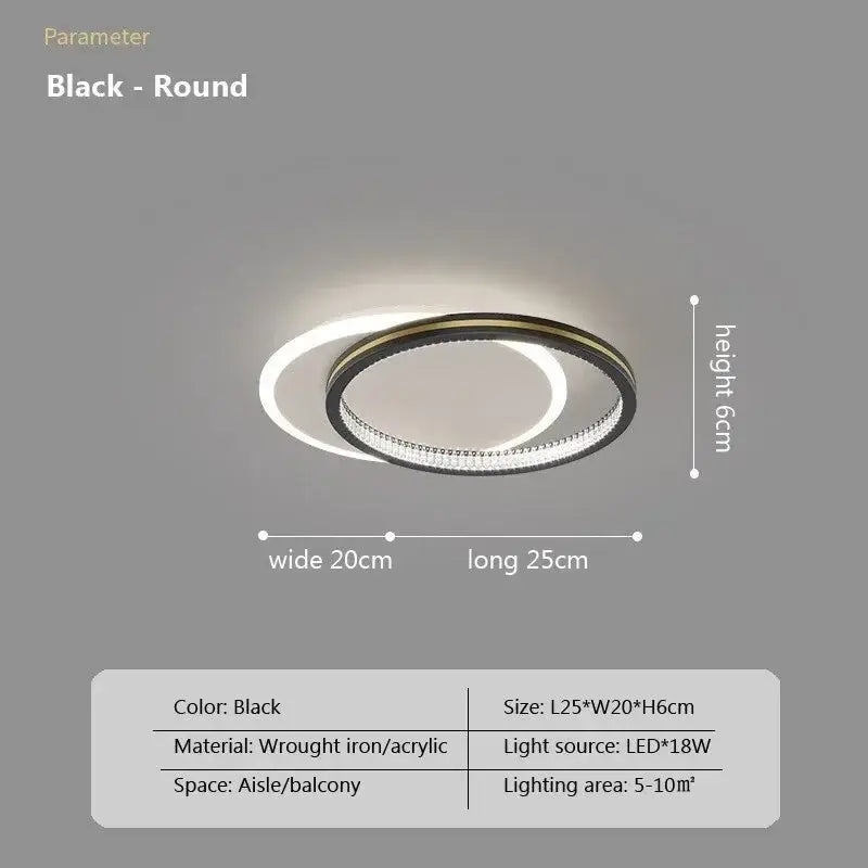 Black round modern minimalist crystal led ceiling light with wrought iron, acrylic, and decorbites crystal led ring