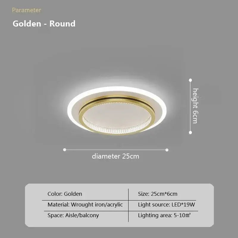 Modern minimalist crystal led ceiling lights with golden round design, wrought iron frame, and bright white led illumination