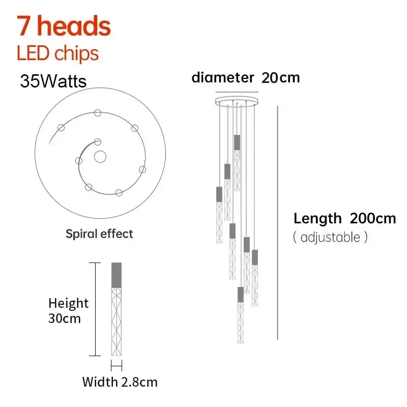 A modern minimalist decorbites crystal led pendant light with 7 adjustable heads spiral metallic finish for living room decor
