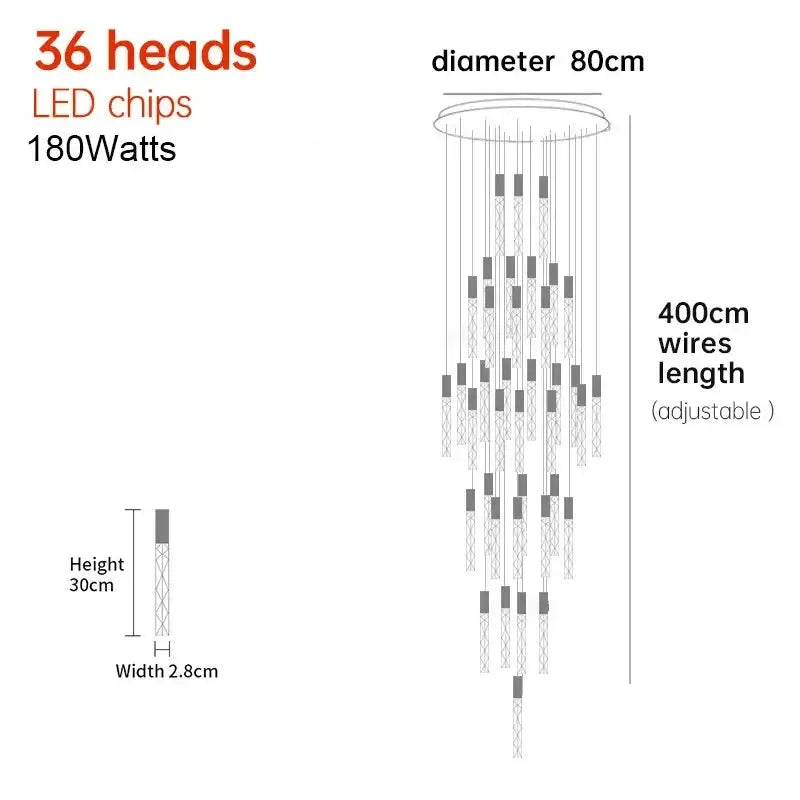 Modern minimalist crystal led pendant light with 36 cascading led heads on adjustable wires for living room decorbites pendant light