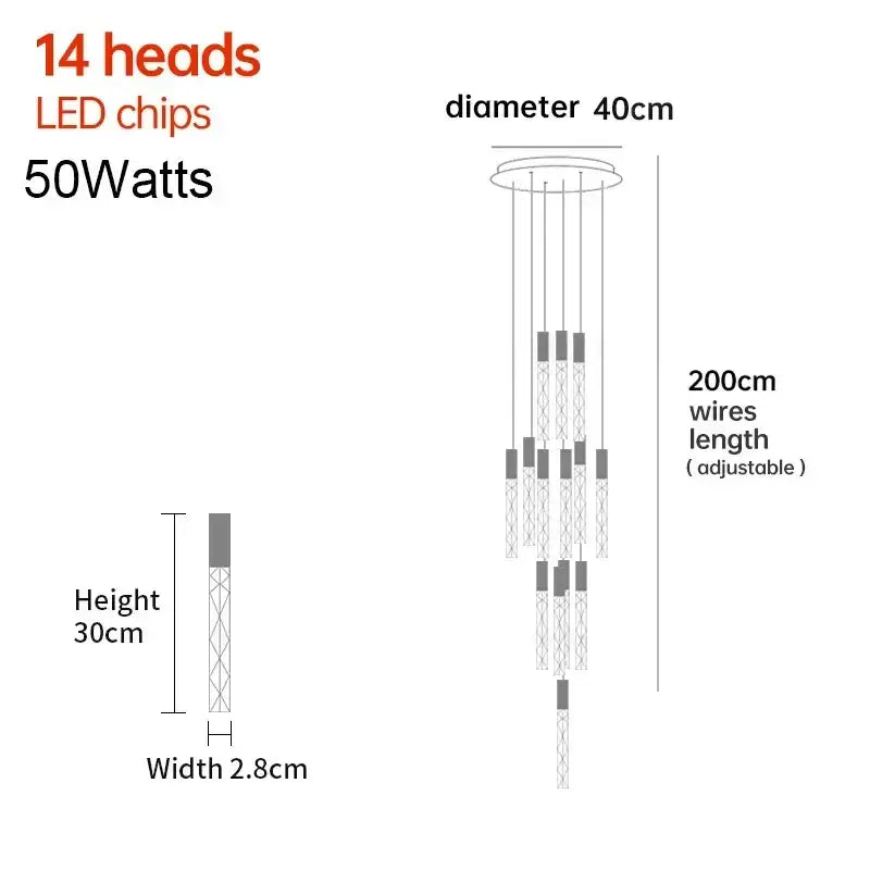 Modern minimalist crystal led pendant light with 14 adjustable heads and sleek metallic finish for living room decorbites crystal led