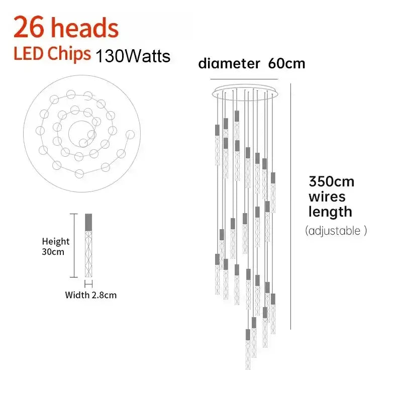 Modern minimalist crystal led pendant light with 26 adjustable led heads and metallic finish for living room decorbites pendant light