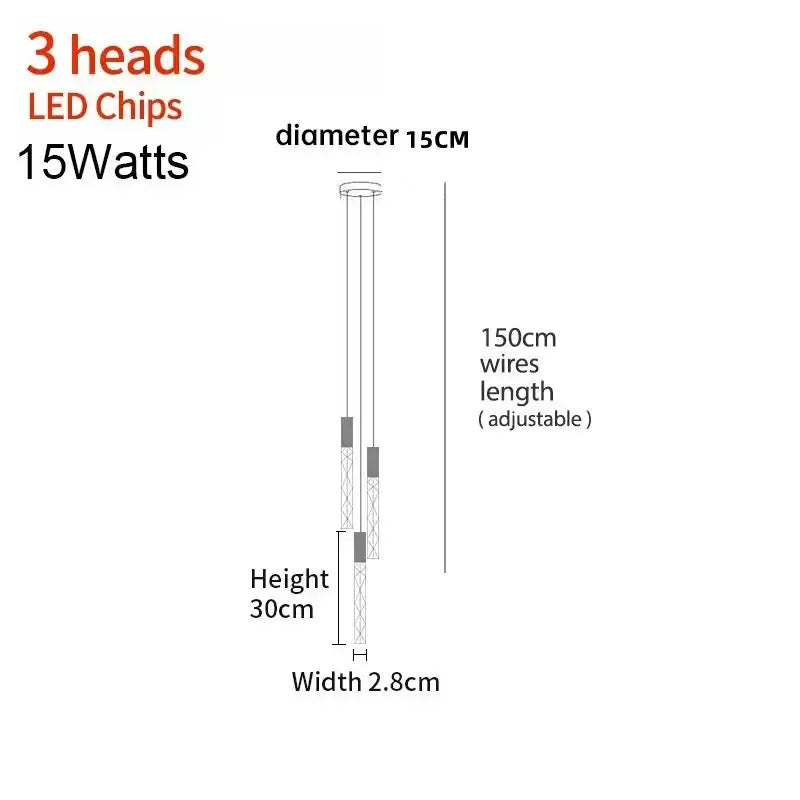 Modern minimalist crystal led pendant light with three 15w metallic heads and adjustable 150cm wires by decorbites