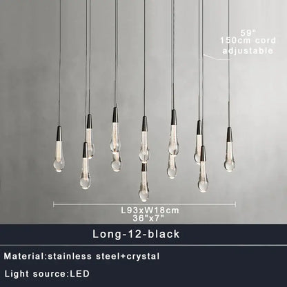 Set of twelve modern black ceiling chandelier pendant lights with decorbites crystal water-drop shades and stainless steel fixtures