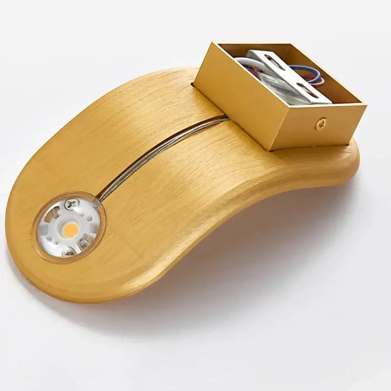 Golden wooden wall lamps with sleek curved design and integrated led bulb for modern minimalist living room decor
