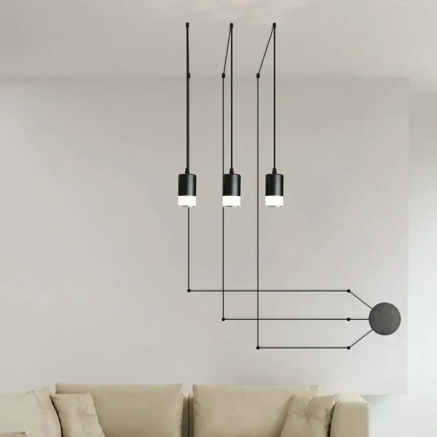 Modern minimalist decorbites black rope pendant lamp with black cylindrical lights and geometric wiring for living room lighting