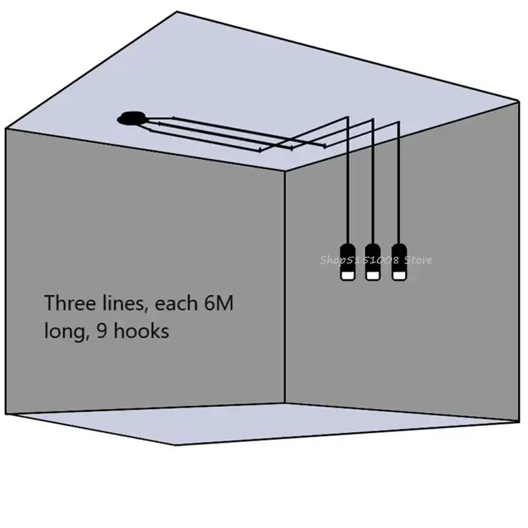Modern minimalist decorbites black rope pendant lamp with black and white hanging hooks in three 6 meter lines totaling nine hooks