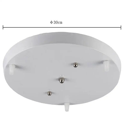 White circular decorbites ceiling chandelier plate with three metallic ball sockets and plastic mounting tabs for lamp base installation