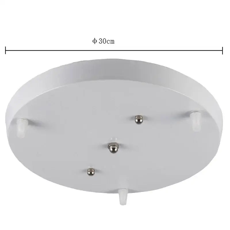 White circular decorbites ceiling chandelier plate with three metallic ball sockets and plastic mounting tabs for lamp base installation