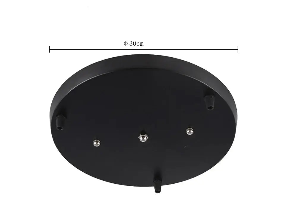 Black circular decorbites ceiling chandelier plate with five mounting points and 30cm diameter lamp base