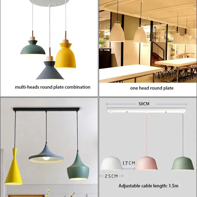 Modern minimalist decorbites ceiling chandelier with sleek rounded lamp base shades in yellow teal and gray for dining room