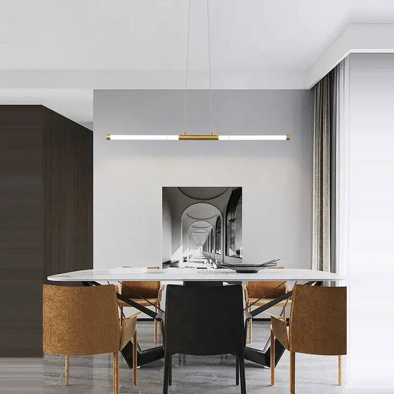 Gold-toned linear dimmable led acryl pendant light with sleek minimalist design for modern dining room decorbites dimmable led