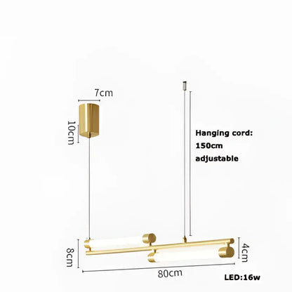 Gold-toned modern minimalist dimmable led acryl chandelier with cylindrical fixture and adjustable 150cm cord for dining room