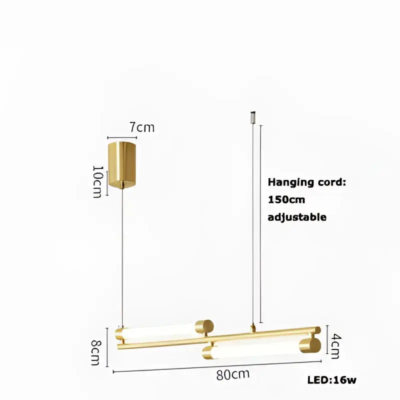 Gold-toned modern minimalist dimmable led acryl chandelier with cylindrical fixture and adjustable 150cm cord for dining room