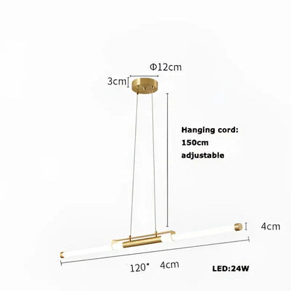 Gold-toned modern minimalist dimmable led acryl chandelier with two cylindrical bulbs and adjustable hanging cord for dining room