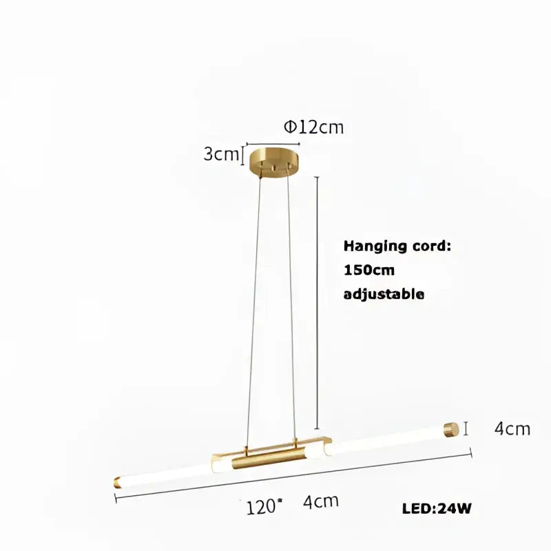 Gold-toned modern minimalist dimmable led acryl chandelier with two cylindrical bulbs and adjustable hanging cord for dining room