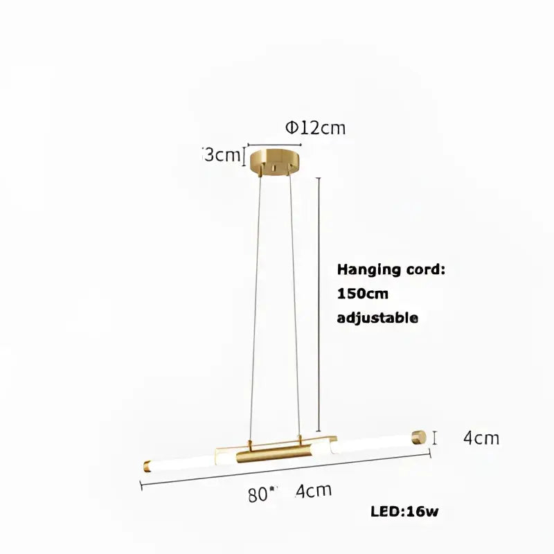 Gold-toned modern minimalist dimmable led acryl pendant light with cylindrical glass tube and adjustable hanging cord