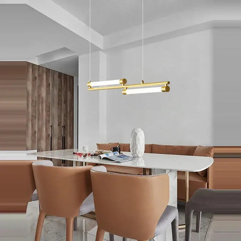 Modern minimalist dimmable led acryl chandelier with gold-toned sleek design and two horizontal led bars for dining room decorbites dimmable led