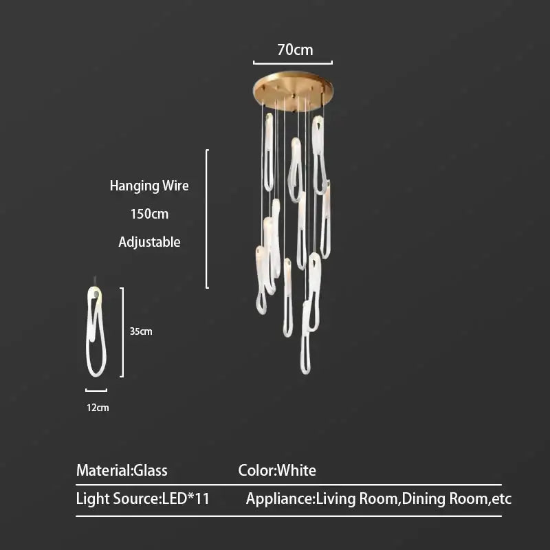 Modern minimalist elegant led glass chandelier with 11 white glass lights and gold-toned ceiling mount for dining room