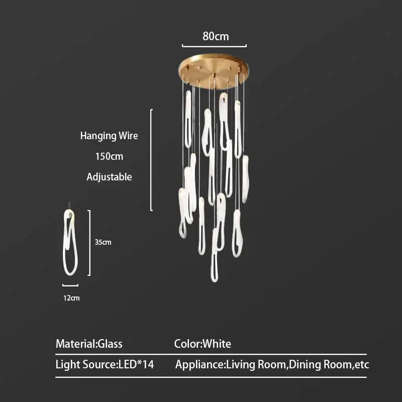 Modern minimalist elegant led glass chandelier with 14 white glass lights and gold ceiling mount for dining room