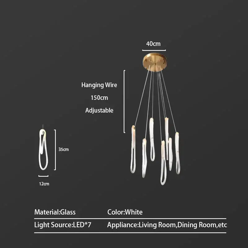 Modern minimalist elegant led glass chandelier with seven white glass pendant lights and adjustable hanging wire for dining room