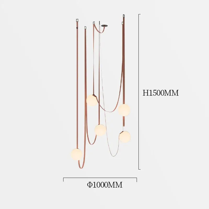 A modern minimalist copper-toned pendant light with five frosted glass ball bulbs for dining room decorbites