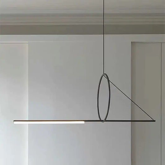 Minimalist black metal pendant light with circular ring and linear led bar from decorbites geometric chandelier collection