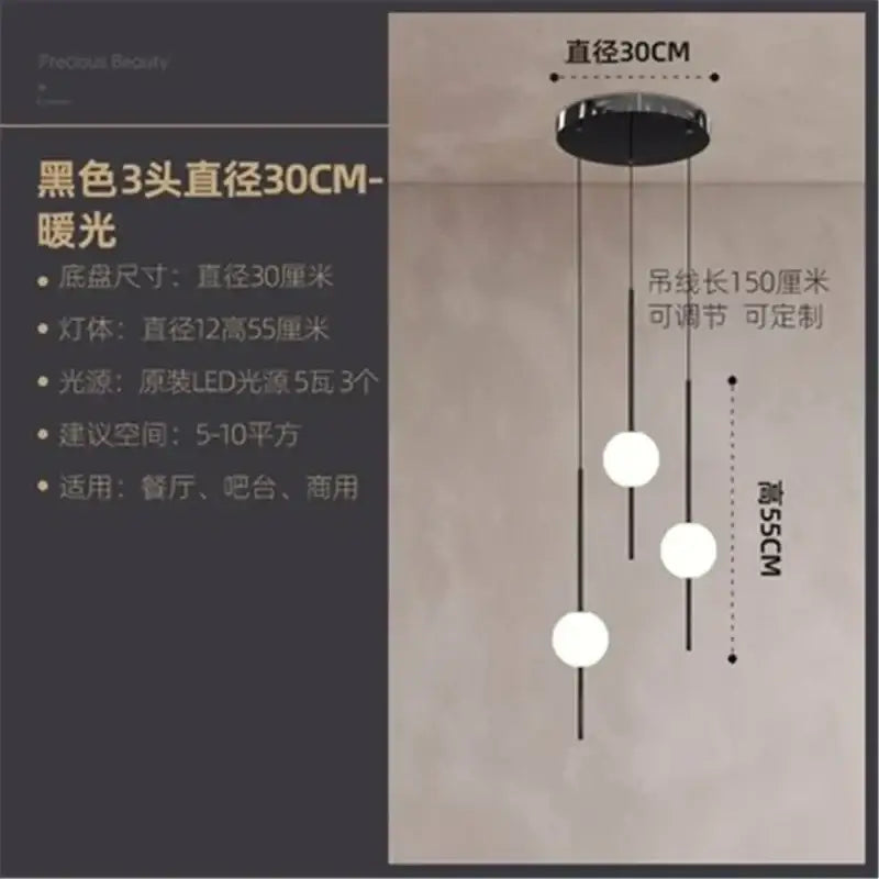 Black three-head pendant light with 30cm diameter glass ball led fixtures and adjustable cords for modern decorbites glass ball chandelier