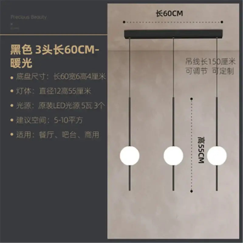 Modern minimalist black glass ball led three-head pendant light with 60cm length for dining room decorbites glass ball