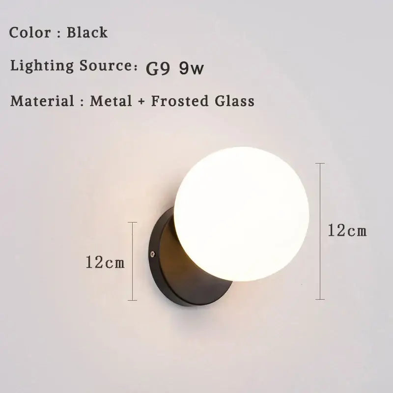 Modern minimalist black wall lamp with frosted glass globe and metal base led wall lamp for bedroom sconce use