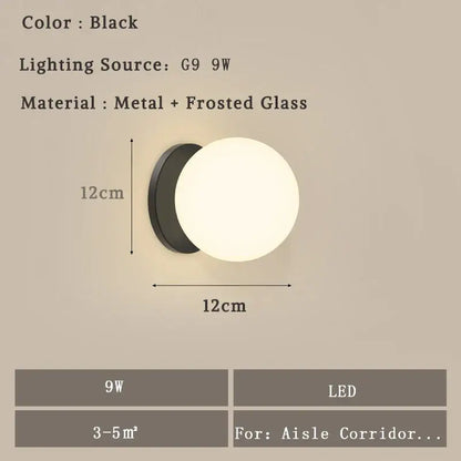 Modern minimalist black led wall lamp with metal base and frosted glass diffuser for bedroom sconce lighting