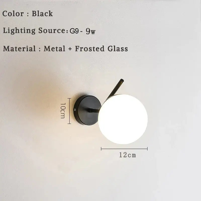 Black wall lamp with round frosted glass shade and metal base modern minimalist led wall lamp for bedroom sconce