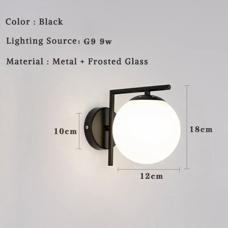 Black metal and frosted glass wall lamp with spherical globe modern minimalist led wall lamp for bedroom use