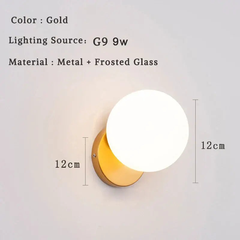 Gold-finished modern minimalist led wall lamp with frosted glass globe and metal base for bedroom sconce lighting