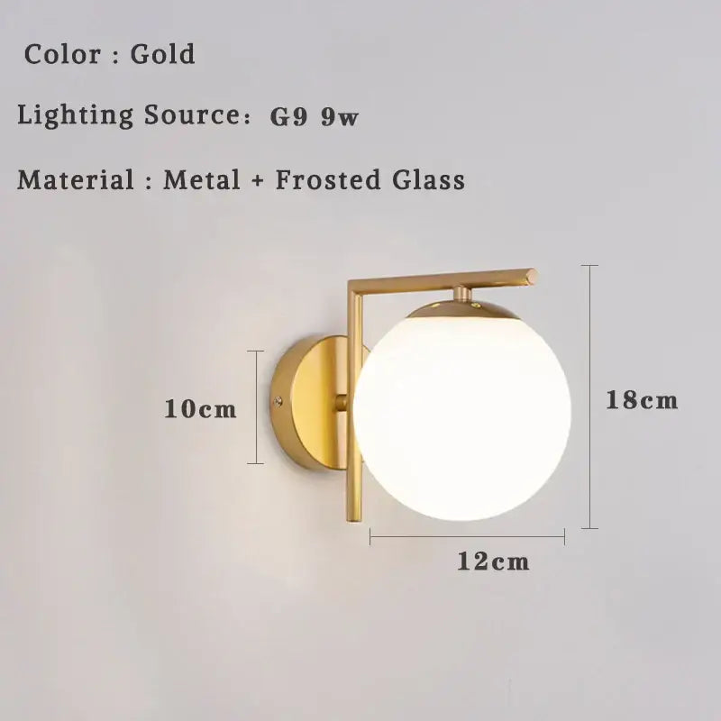 Gold-finished modern minimalist led wall lamp with frosted glass globe and metal frame for bedroom sconce lighting