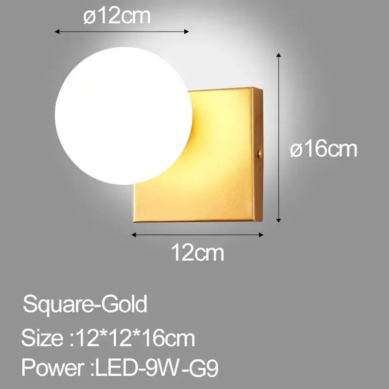Gold square wall lamp with a round white frosted glass shade modern minimalist led wall lamp for bedroom use