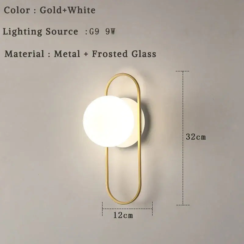 Modern minimalist led wall lamp with gold-toned metal frame and frosted white glass globe for bedroom sconce lighting
