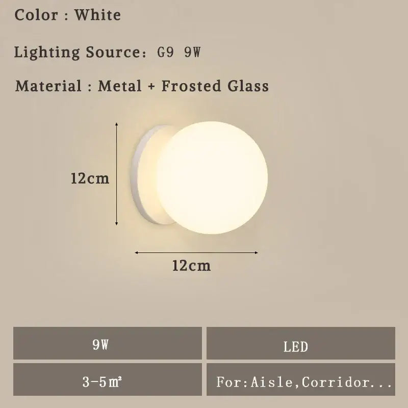 Modern minimalist white round led wall lamp with frosted glass and metal design 12cm diameter for bedroom sconce