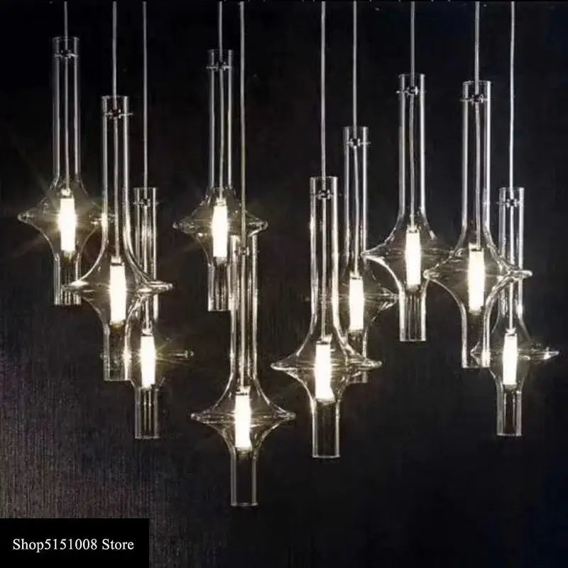 Modern minimalist clear glass pendant light with geometric design and exposed bulbs for kitchen hanging lamp