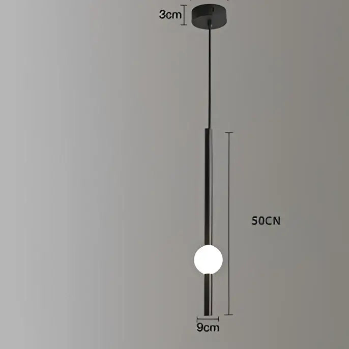 Minimalist black metal rod pendant light with a spherical white glass bulb for modern living room decor