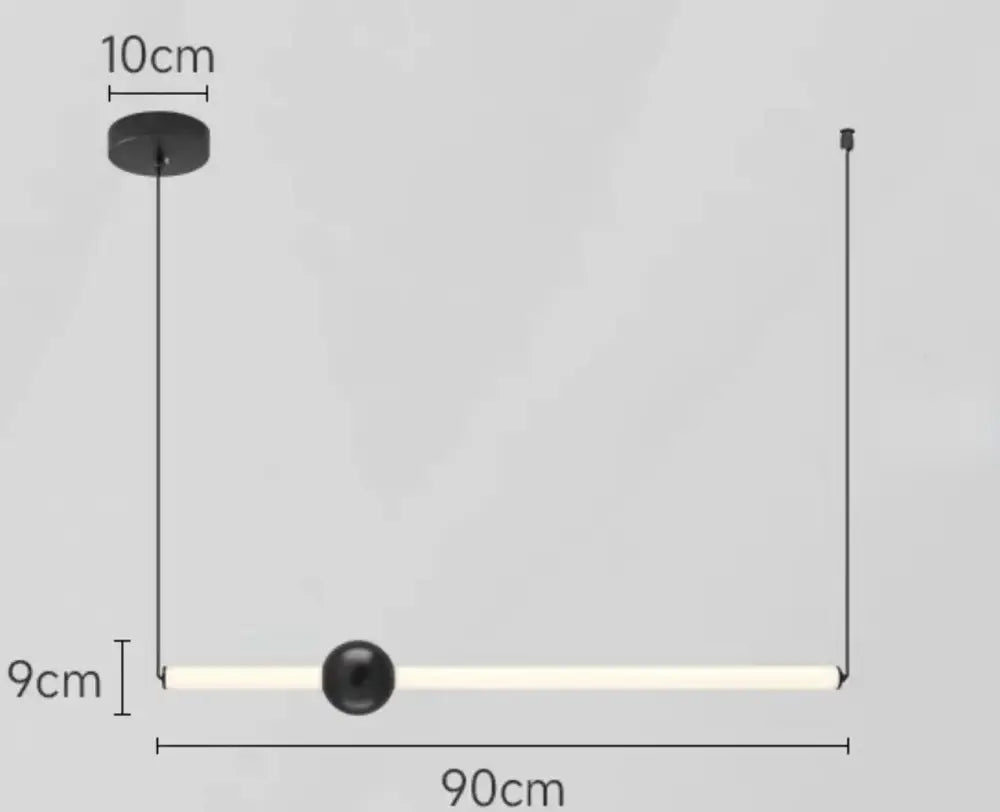 Modern minimalist glass rod pendant light with a black cylindrical mount and white led bar for living room use