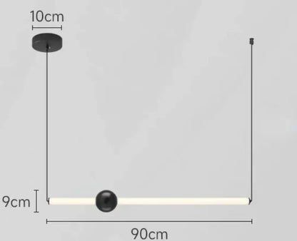 Modern minimalist glass rod pendant light with a black cylindrical mount and white led bar for living room use