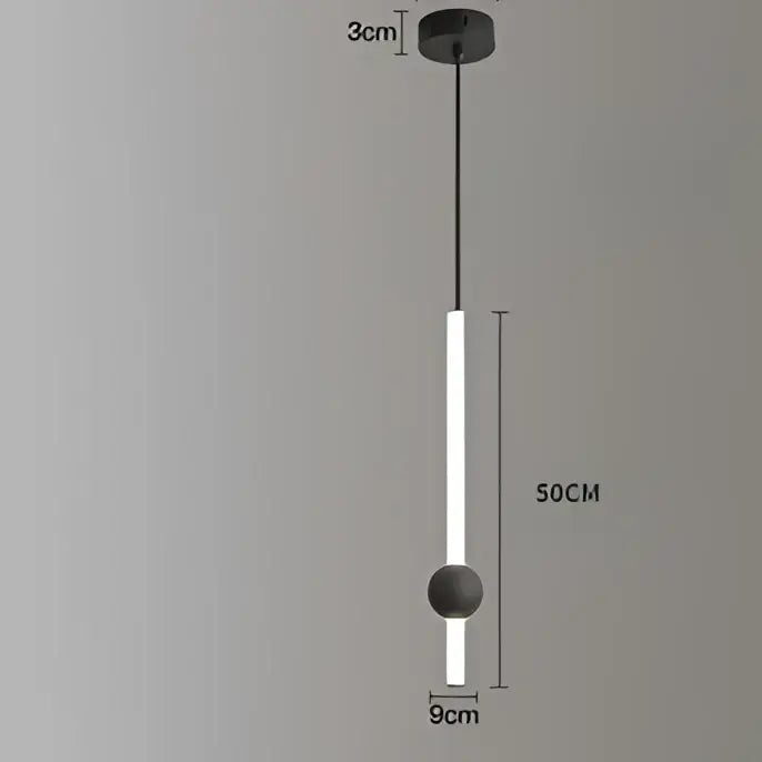 Modern minimalist black glass rod pendant light with cylindrical led tube and matte spherical accents for living room