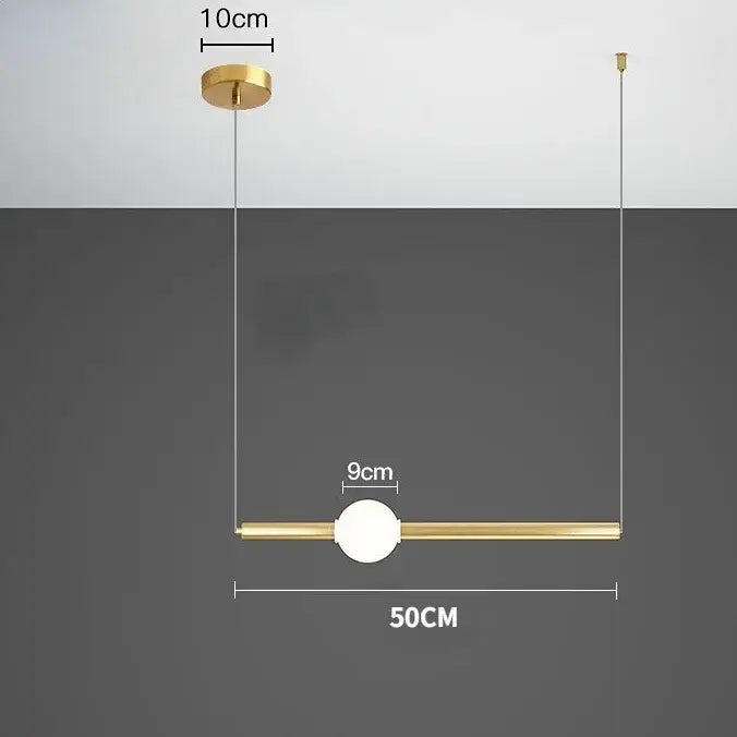 Modern minimalist gold-toned glass rod pendant light with frosted glass sphere for living room illumination