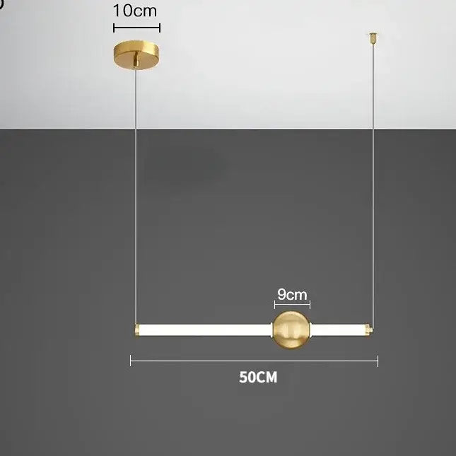 Gold-toned modern minimalist glass rod pendant light with sleek cylindrical tube and polished brass accents for living room