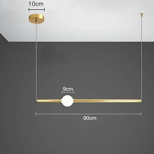 Modern minimalist gold-toned rod pendant light with glass rod and central spherical bulb for living room use