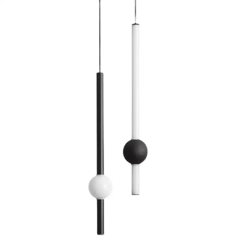 Modern minimalist glass rod pendant light with sleek black and white cylindrical rods and spherical accents for living room