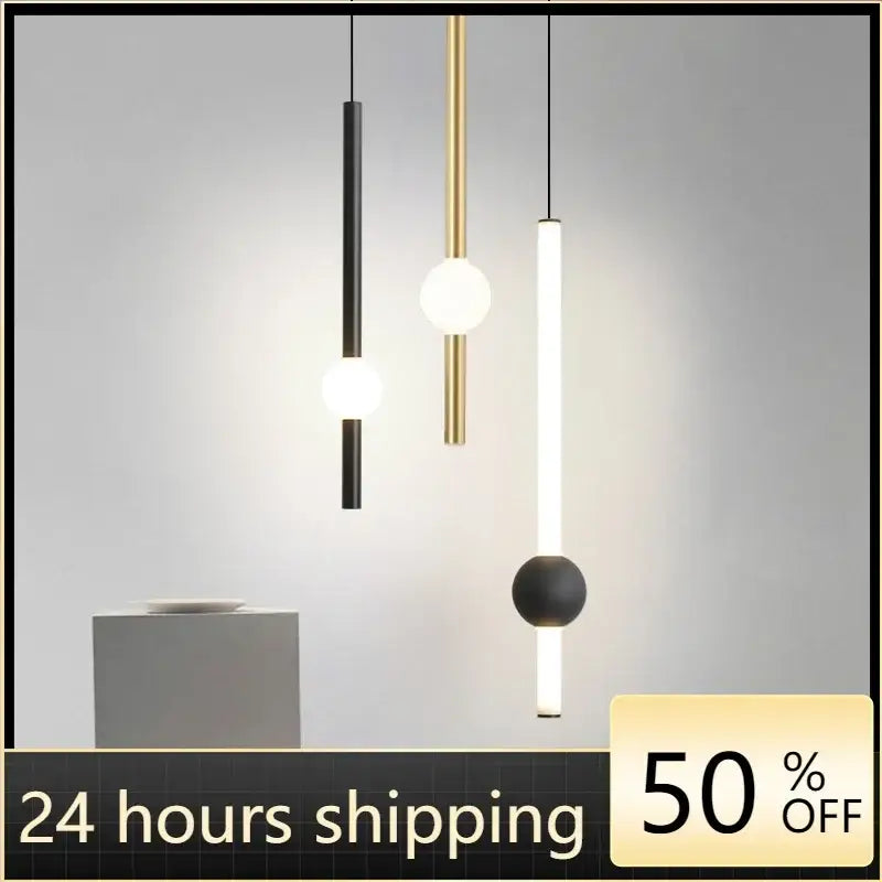 Modern minimalist glass rod pendant light in black gold and white with sleek cylindrical rods for living room use