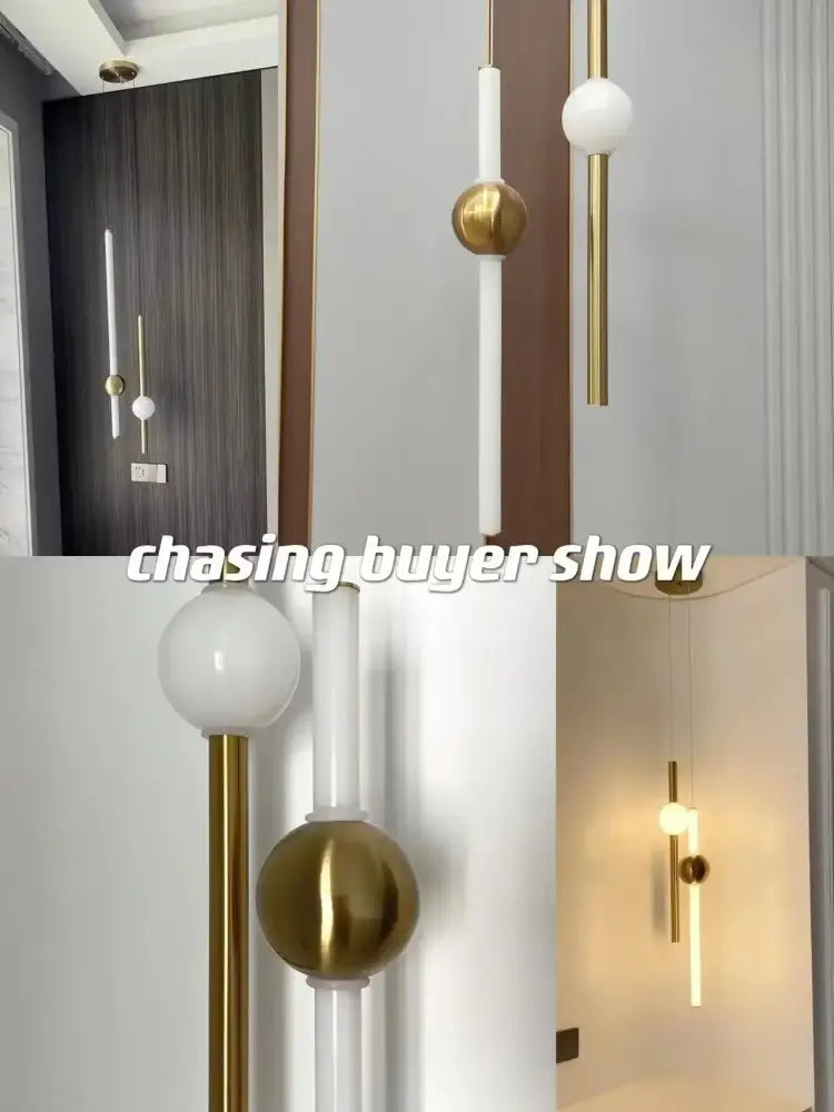 Modern minimalist glass rod pendant light with sleek gold and white spherical accents for living room use