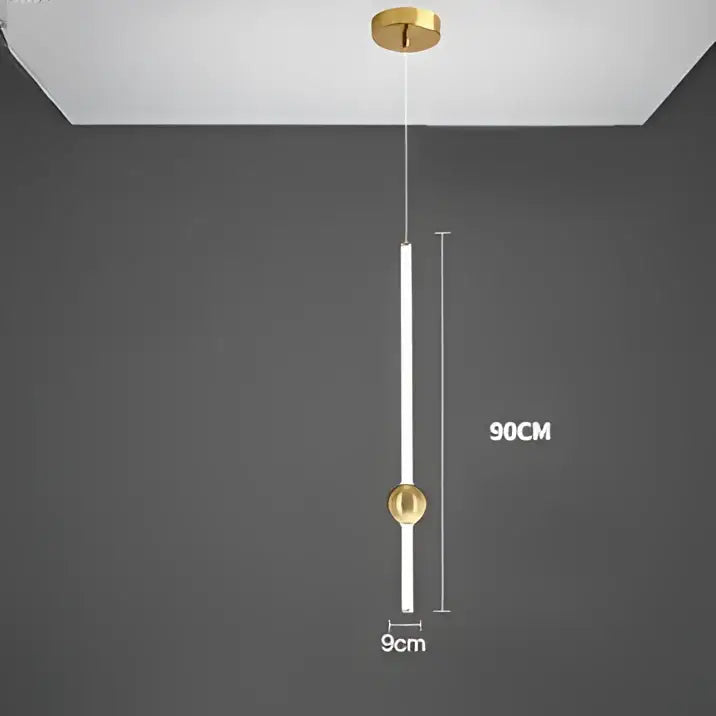 Modern minimalist glass rod pendant light with gold-finished accents suspended by a thin cord for living room use